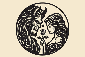 The beauty and the Beast. Fairy tale. Black vintage vector engraving illustration, isolated object. Round emblem