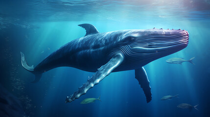 A beautiful blue whale swims gracefully through the ocean depths, surrounded by schools of colorful fish