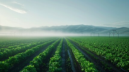 Expansive green field with lush crops and misty skies with distant mountains in the background, capturing the essence of nature and agriculture. - Powered by Adobe