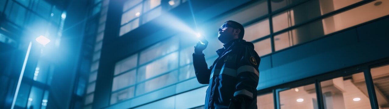 Security guard in uniform with a flashlight, patrolling the exterior of an office building at night