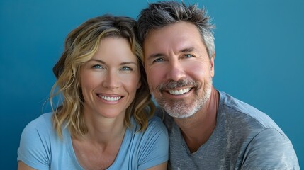Fototapeta premium Smiling Couple Embracing with Joyful Affection on Blue Background