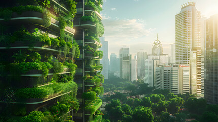 Vertical farming skyscrapers in urban setting: Futuristic architecture and sustainable agriculture blend in photo realistic concept