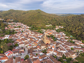 aerial view of the town, Alájar, Huelva, Andalusia, Spain