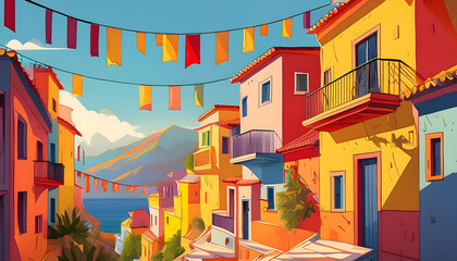 Colours between orange, red, yellow Colorful hanging houses on city on Generative AI.