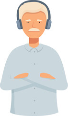 Vector illustration of an elderly male character wearing headphones, with folded arms and a calm expression