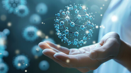 Digital of Virtual analysis chromosome DNA test of human in situations disease COVID-19 virus microscopic molecular structure on hands in 3D illustration. 