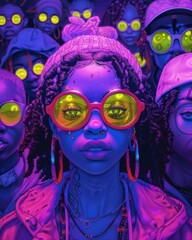 Fototapeta premium Colorful, modern cartoon characters with eclectic outfits and bold accessories, featuring disco purple, hot pink, lime, and slime green hues.