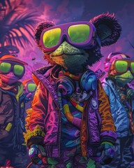 Colorful cartoon characters in modern outfits and accessories, featuring disco purple, hot pink,...
