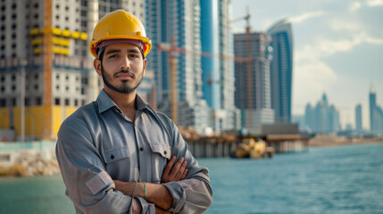 A Qatari young engineer wearing helmet in the hard hat with construction tools in his arms,...