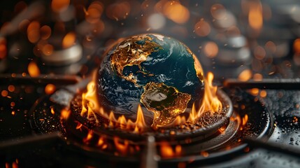 earth globe of the planet boiling in hot water of a pan on the fire of a gas stove conceptual illustration of global warming temperature increase over heating of the world.illustration