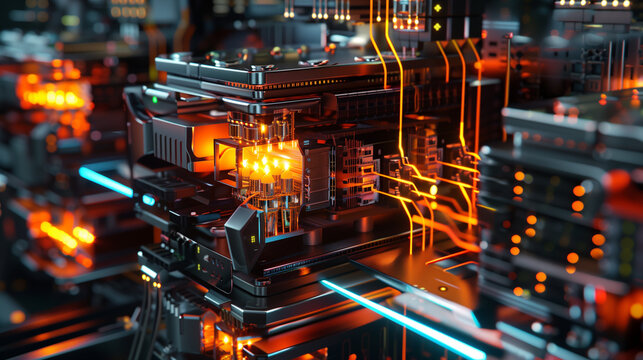 Illustration of a quantum computer core, visualized with glowing qubits and intricate circuitry in a high-tech lab environment