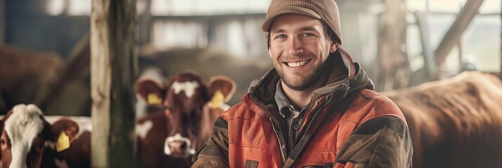 A happy farmer wearing a cap stands confidently in a barn with cows, representing agricultural work and animal husbandry