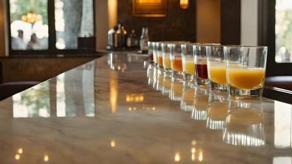 a row of small glasses with different flavors of fruit and orange juice.
