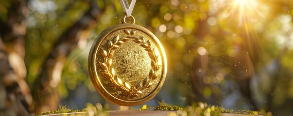 Capture a radiant gold medal glistening in the sunlight, close up, award ceremony, realistic, Composite, podium backdrop