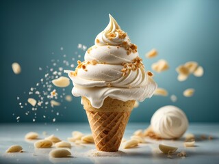 Vanilla gelato ice cream in waffle cone, cinematic food dessert photography, studio lighting & background