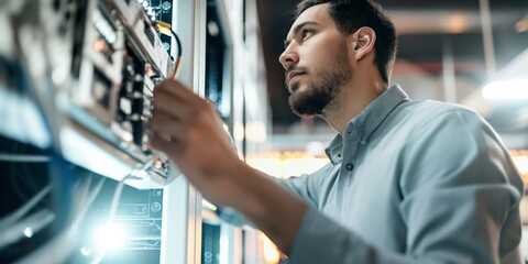 A focused technician services server hardware in a data center, reflecting technology and expertise in IT