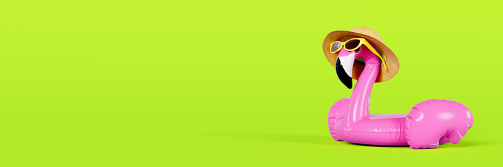 Pink flamingo wearing sunglasses and hat on fluorescent green summer background with copy space. 3D...