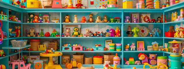 A playful, toy store background with shelves filled with colorful toys.