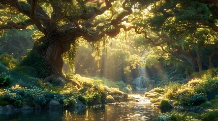 Timeless Tranquility A Lush Verdant Forest Bathed in Warm Golden Sunlight