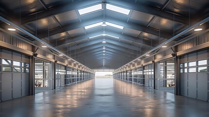 Naklejka premium The photo shows a large, empty warehouse with a high ceiling