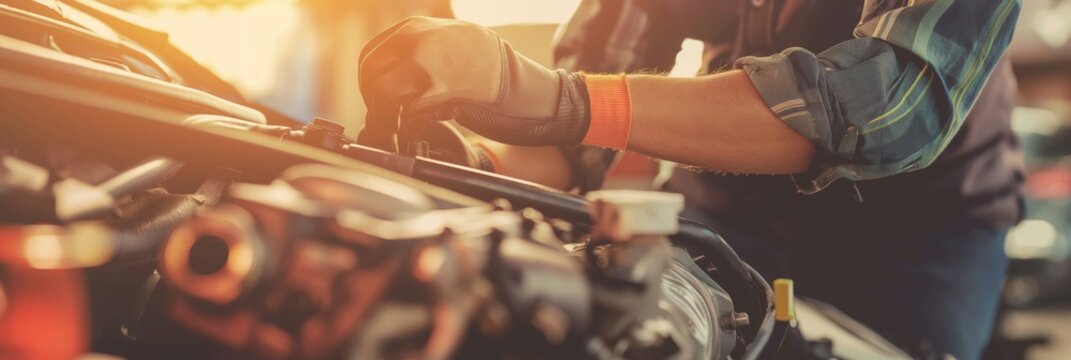 A close-up view of a mechanic's hands in gloves working on a car engine, symbolizing expertise in vehicle maintenance