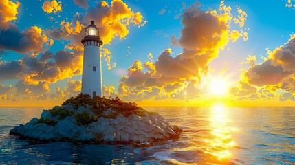 Stunning lighthouse on a rocky island with a vibrant sunset sky reflecting in the calm ocean water. - Powered by Adobe
