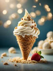Vanilla gelato ice cream in waffle cone, cinematic food dessert photography, studio lighting & background