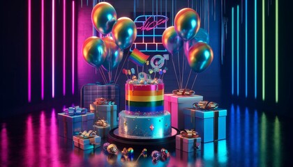 A baby birthday cake with LGBTQ symbols, holographic balloons, and gifts, no people, cyberpunk theme.