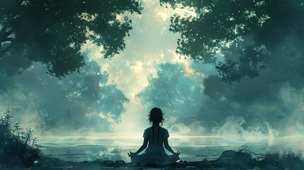 Obraz premium Through enigmatic rituals of yoga and contemplation, a woman seated in lotus posture amidst the sylvan embrace seeks enlightenment..stock image