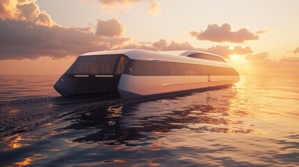 Hydrogen powered ferry gliding across a calm body of water, with a clear sky. Cutting edge technology and environmental benefits of zero emissions in maritime transport