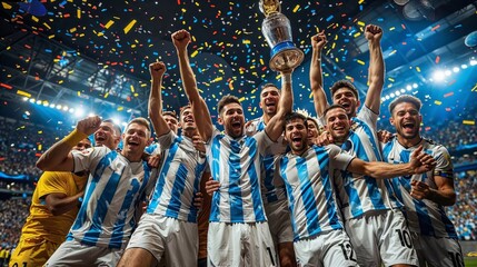 Football  cup, soccer team players celebrating victory, Soccer competition event winners