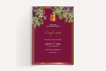 WEDDING INVITATION FRAME WITH FLOWER DECORATIONS AND FRESH LEAVES