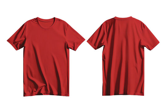 Kaos polos depan belakang berwarna merah dengan latar belakang transparan. Sebuah mockup kaos merah polos dengan latar belakang transparan.