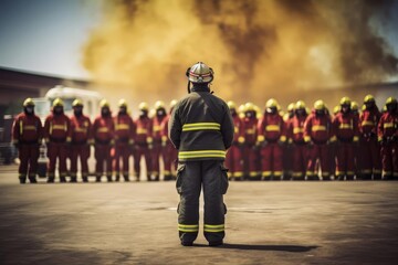 Obraz premium Firefighter in uniform leading a team of firefighters during a training session with smoke in the background.
