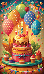 Bright happy birthday greeting vector illustration with cake and balloons