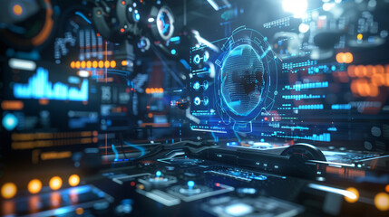 Obraz premium Virtual reality environment representing a complex scientific data analysis, with floating 3D charts and holographic projections