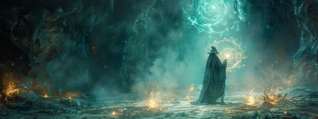 A powerful sorcerer casting a spell in a dark, mysterious cave with glowing runes and magical artifacts.
