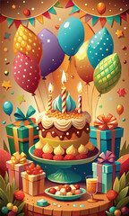 Bright illustration of happy birthday greeting with cake, gifts and balloons