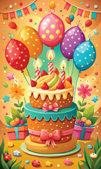 Bright vector illustration of happy birthday greeting with cake, gifts and balloons