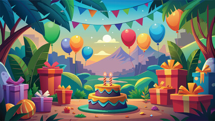 Happy Birthday background with cake, gifts, balloons vector illustration