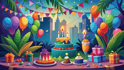 Happy Birthday background with cake, gifts, balloons with a city in the distance