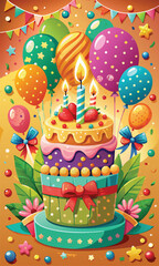 Bright happy birthday greeting illustration with cake and balloons