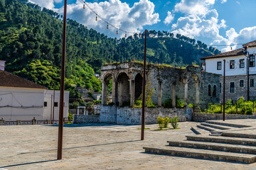 A view across a square towards a former leaders palace in the Old Quarter in Berat, Albania in...