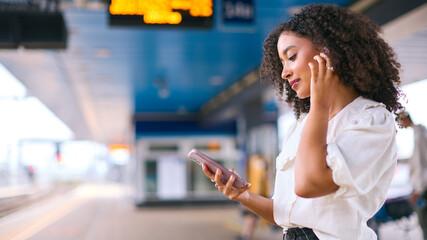 Businesswoman Commuting On Train Platform Streaming Music Or Podcast From Mobile Phone