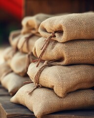 Burlap sack texture with coarse weave, focus on rustic charm selective focus, natural style, realistic, Multilayer, farmers market.