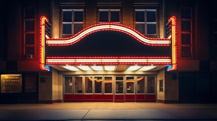 Empty theater marquee at night, illuminated by lights, highresolution, ready for custom movie title or event.