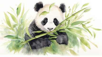 A cute watercolor painting of a panda eating bamboo.