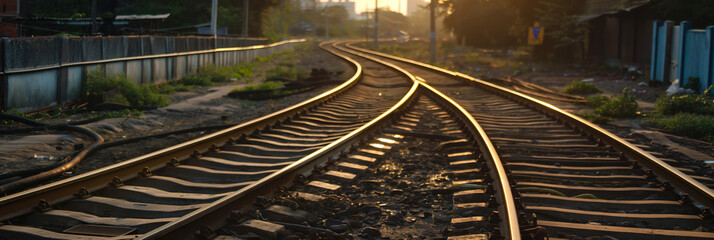 Obraz premium Scenic view of railroad tracks merging towards the horizon under a golden sunset sky, symbolizing travel and decision-making