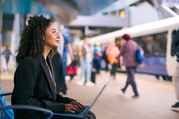 Obraz premium Businesswoman Commuting On Train Platform Working On Laptop Wearing Earphones