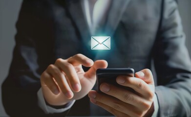 A business person holding phone with an email icon on virtual screen